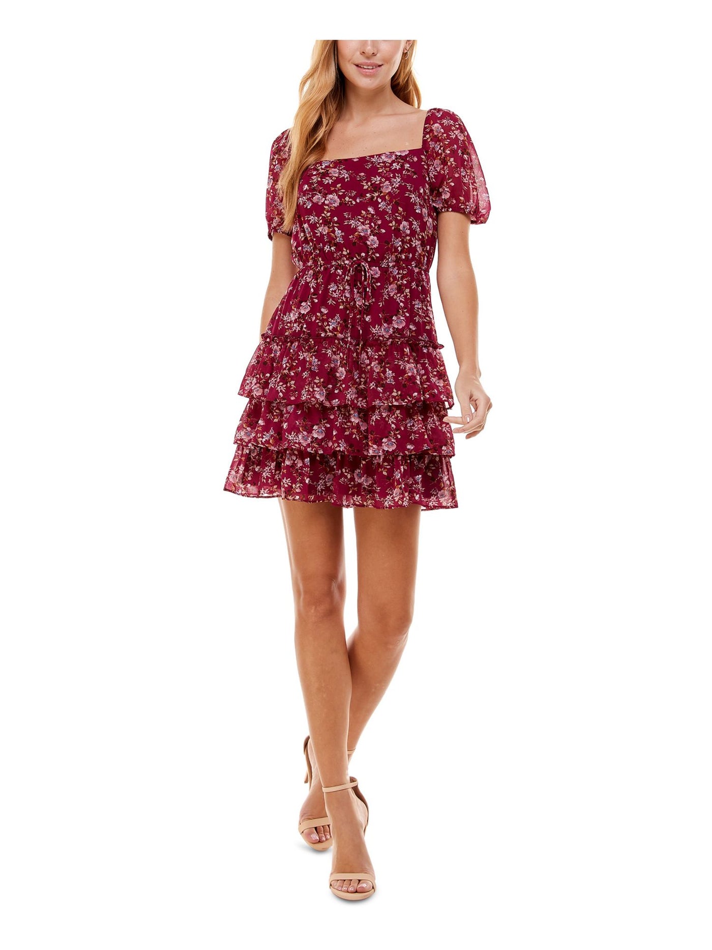 CITY STUDIO Womens Burgundy Tie Floral Pouf Sleeve Square Neck Above The Knee Party Fit + Flare Dress L