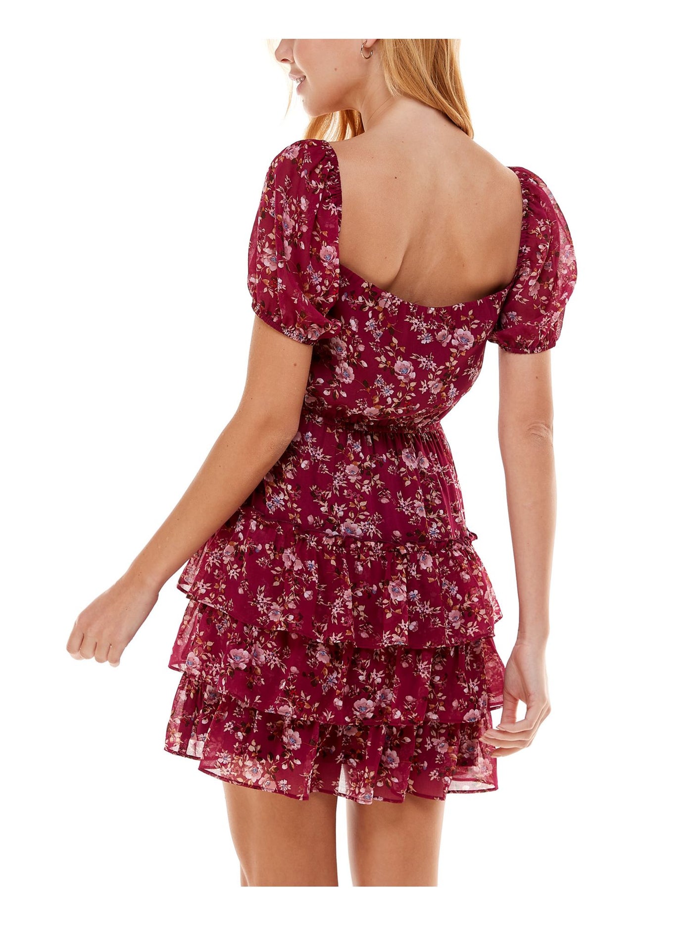 CITY STUDIO Womens Maroon Tie Floral Pouf Sleeve Square Neck Above The Knee Party Fit + Flare Dress XL