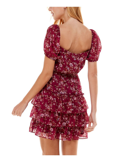 CITY STUDIO Womens Burgundy Tie Floral Pouf Sleeve Square Neck Above The Knee Party Fit + Flare Dress L