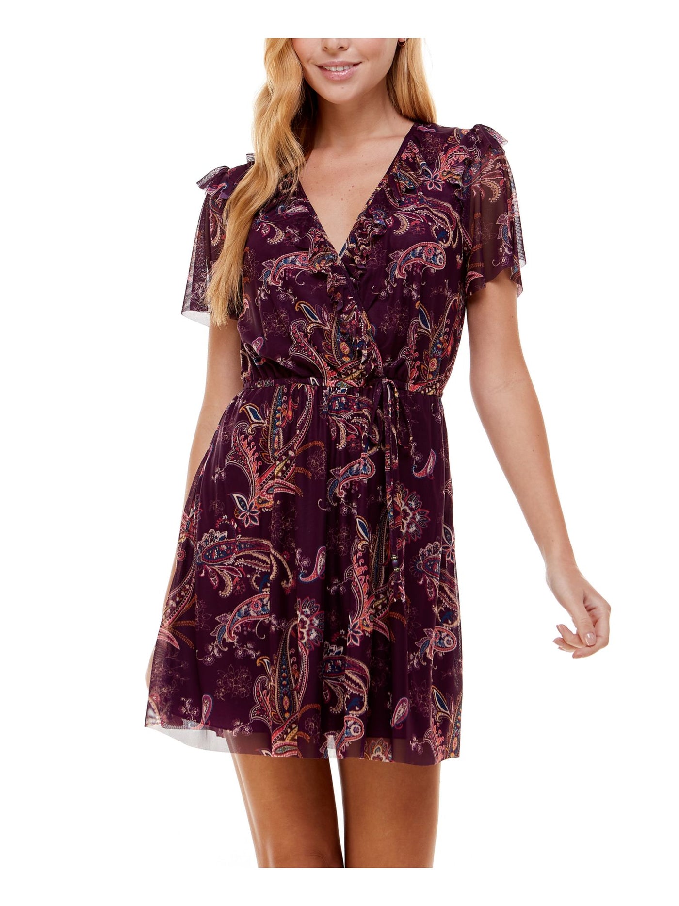 CITY STUDIO Womens Purple Stretch Ruffled Tie Mesh Paisley Flutter Sleeve Surplice Neckline Mini Fit + Flare Dress XXS