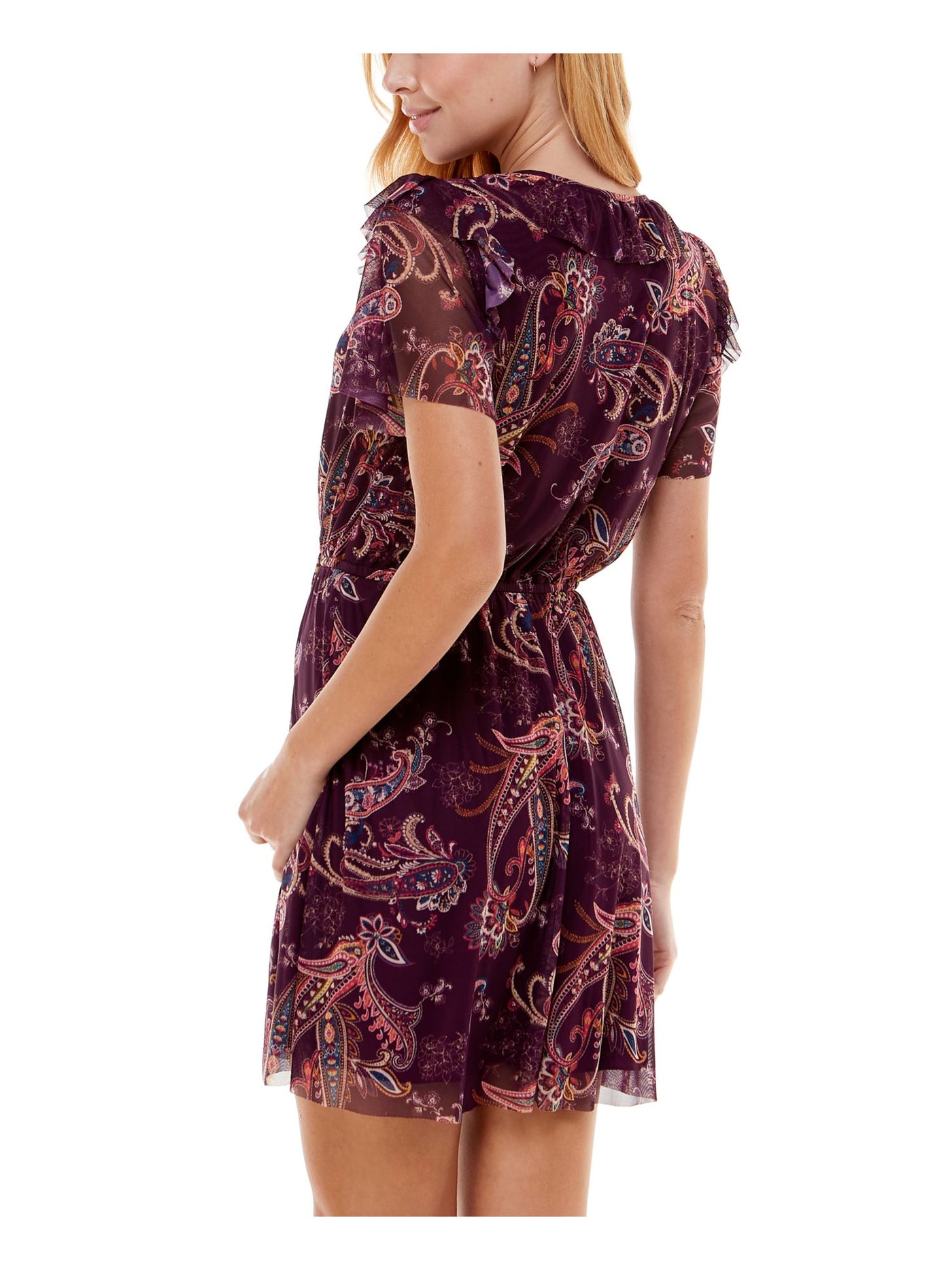 CITY STUDIO Womens Purple Stretch Ruffled Tie Mesh Paisley Flutter Sleeve Surplice Neckline Mini Fit + Flare Dress XS