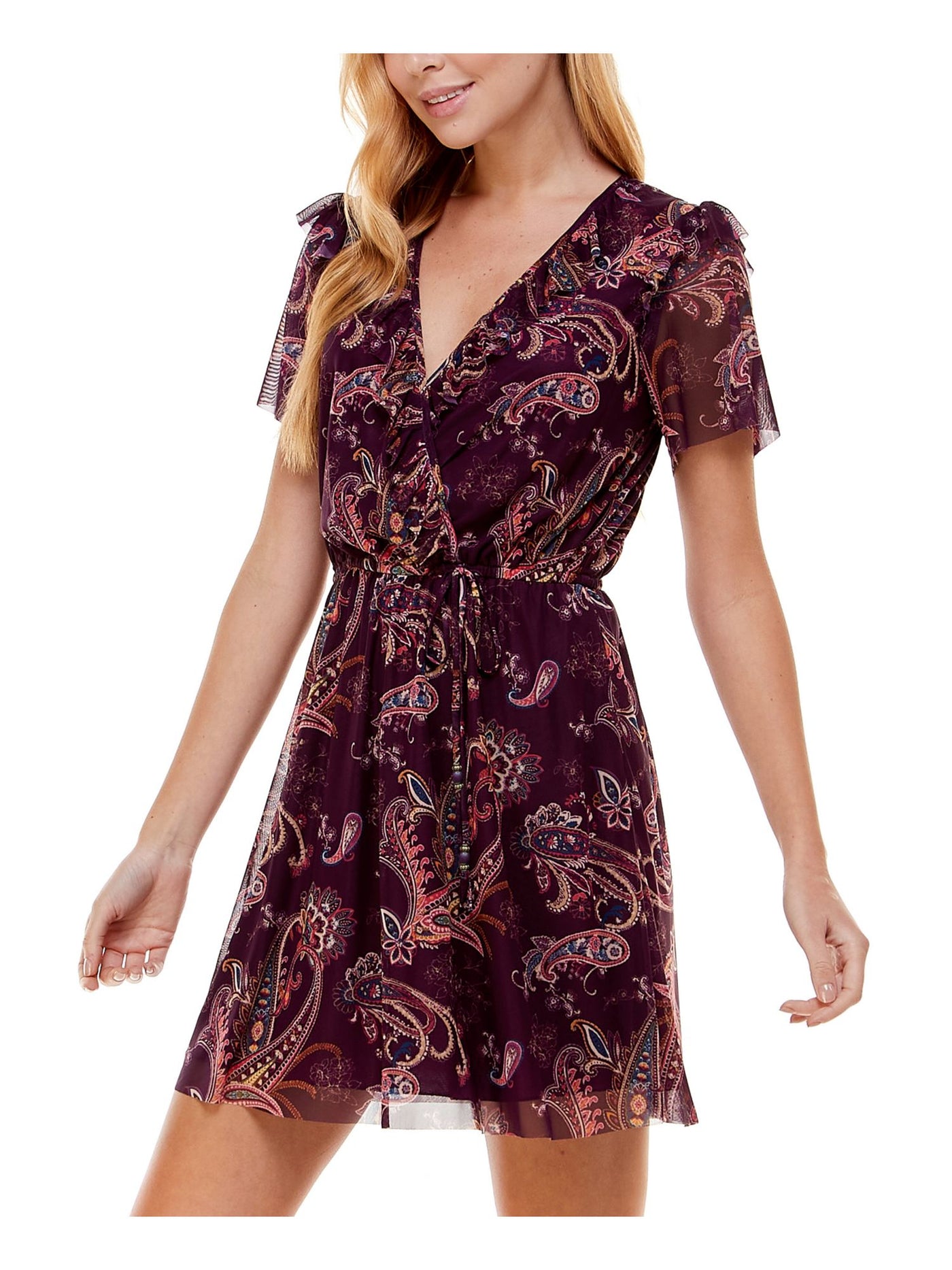 CITY STUDIO Womens Purple Stretch Ruffled Tie Mesh Paisley Flutter Sleeve Surplice Neckline Mini Fit + Flare Dress XXS