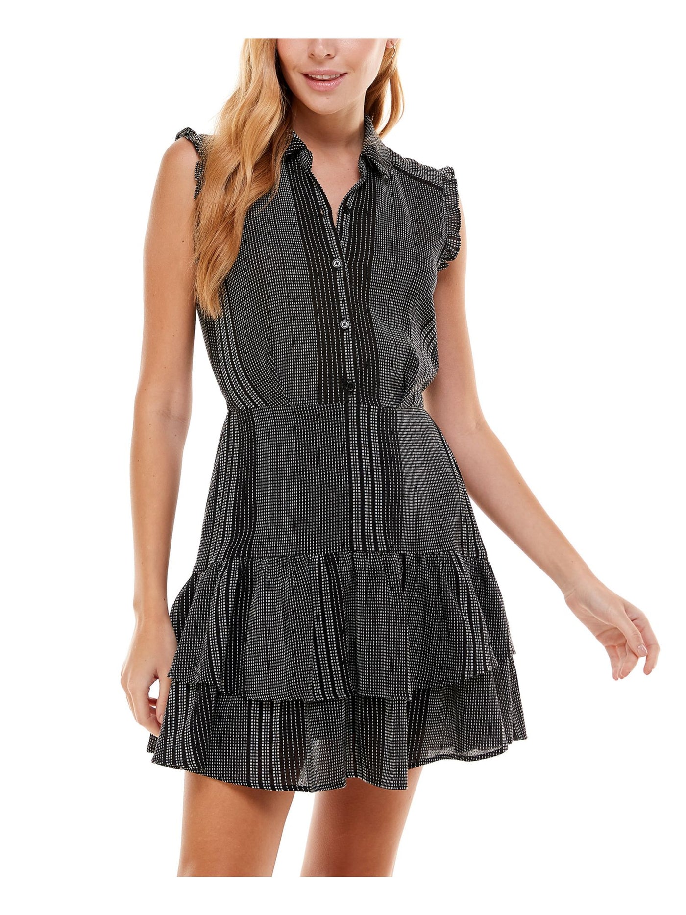 CITY STUDIO Womens Ruffled Button Front Cap Sleeve Collared Mini Party Fit + Flare Dress