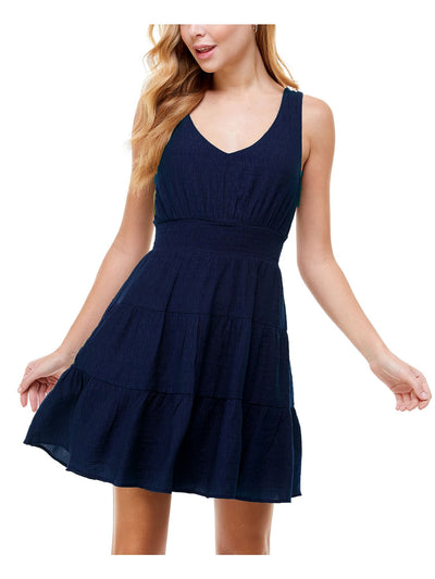 CITY STUDIO Womens Navy Cut Out Smocked Tie Back Spaghetti Strap V Neck Mini Party Fit + Flare Tiered Dress Juniors S