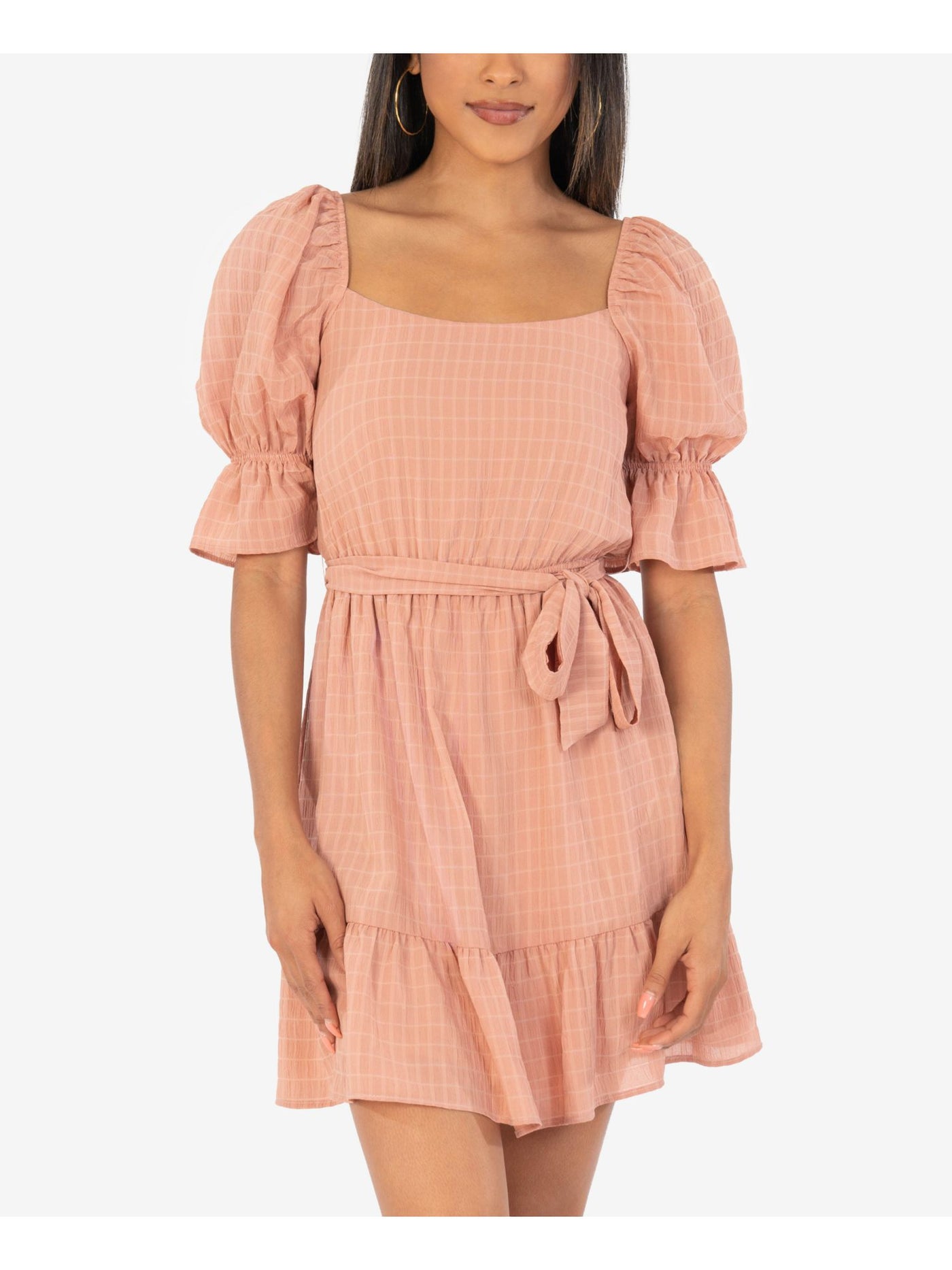 SPEECHLESS Womens Pink Stretch Ruffled Belted Semi-sheer Lined Pouf Sleeve Square Neck Mini Party Fit + Flare Dress XXS