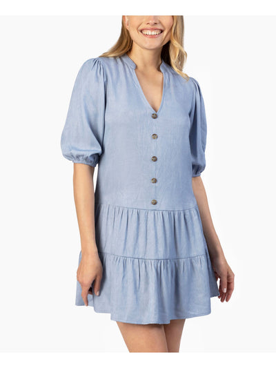 SPEECHLESS Womens Light Blue Pleated Ruffled Tiered Button-front Pouf Sleeve V Neck Mini Shirt Dress M