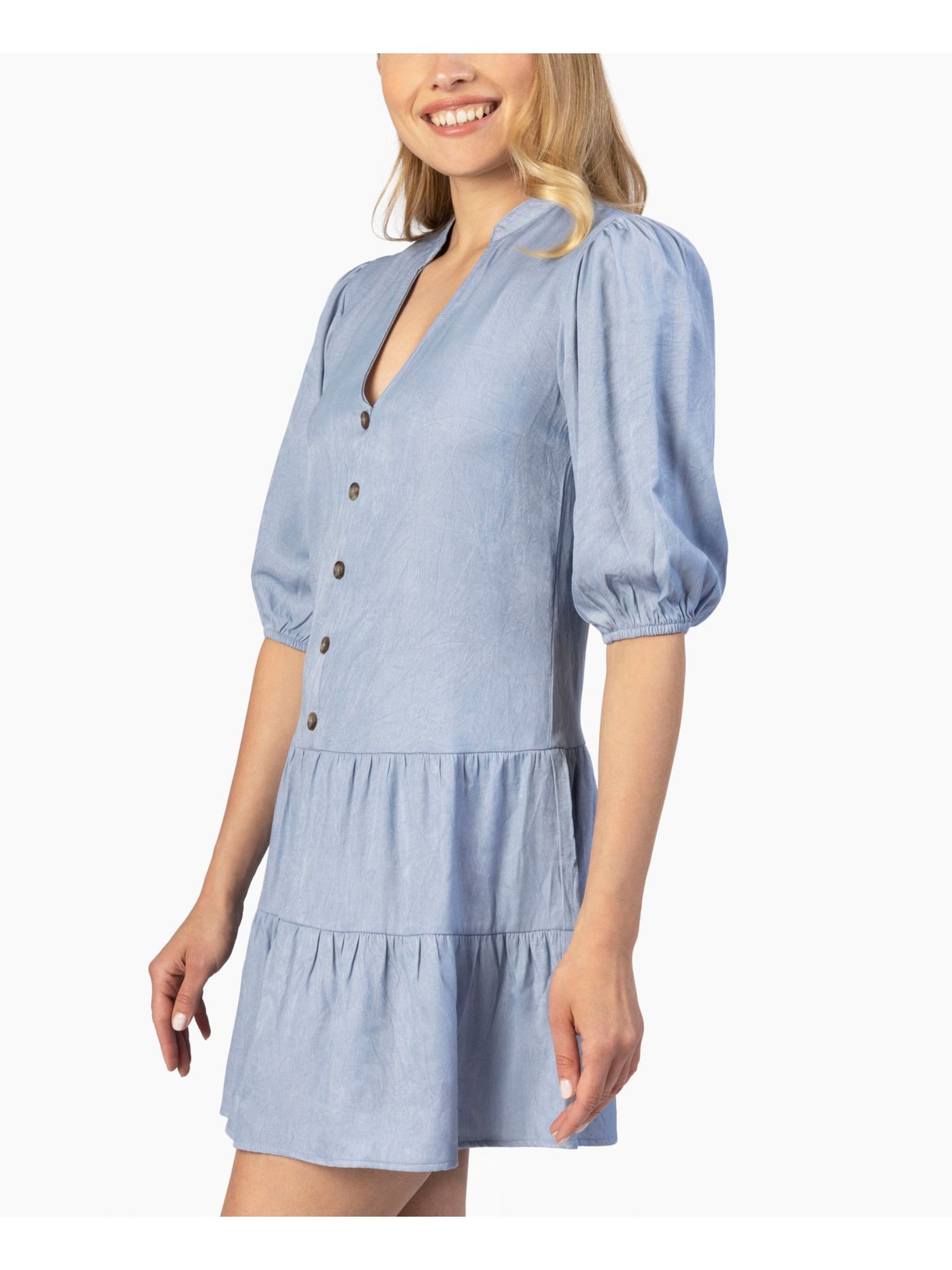 SPEECHLESS Womens Light Blue Pleated Ruffled Tiered Button-front Pouf Sleeve V Neck Mini Shirt Dress XS