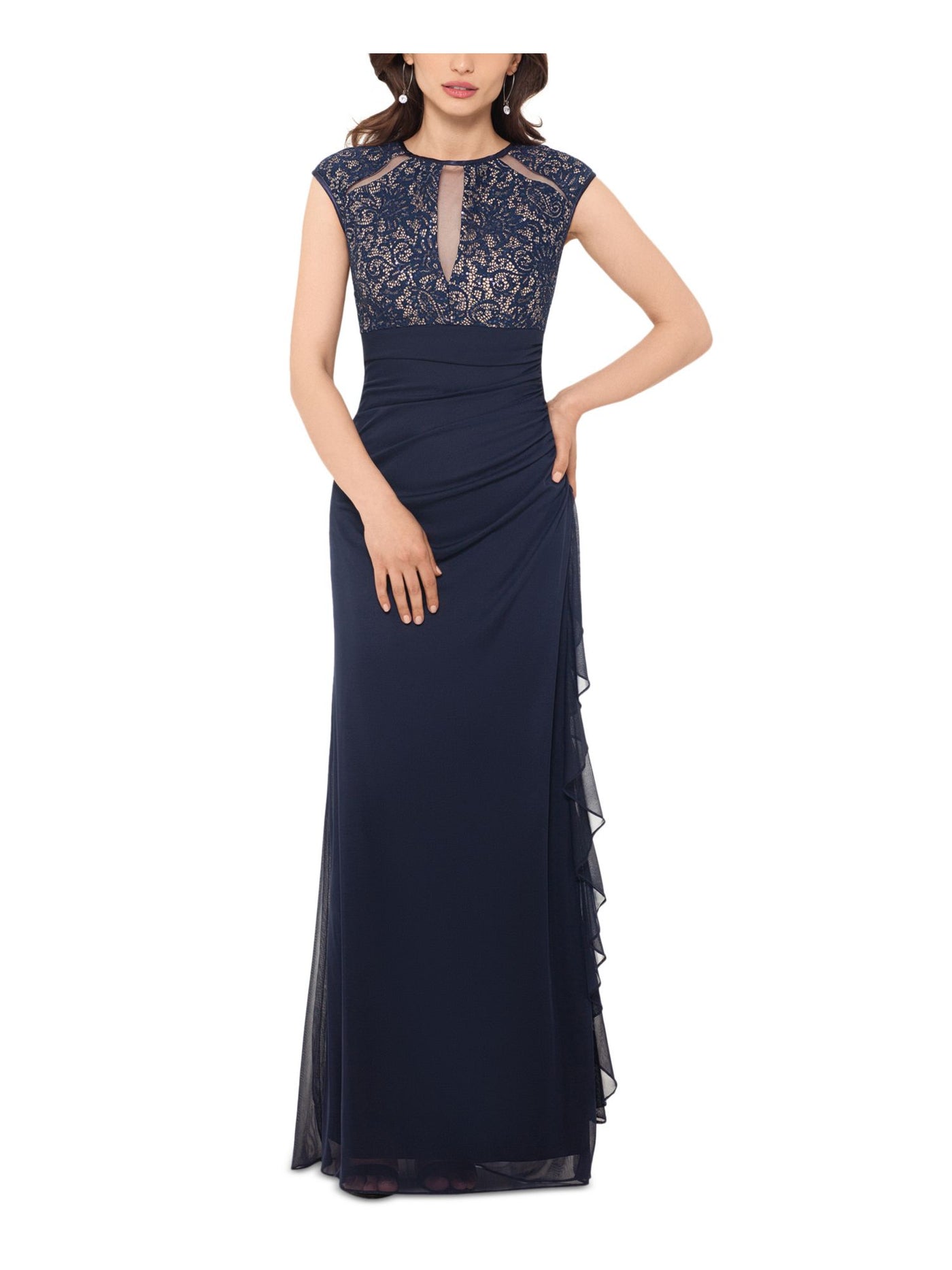 BETSY & ADAM Womens Navy Zippered Ruched Lace Lined Sheer Darted Cap Sleeve Crew Neck Full-Length Formal Gown Dress 12