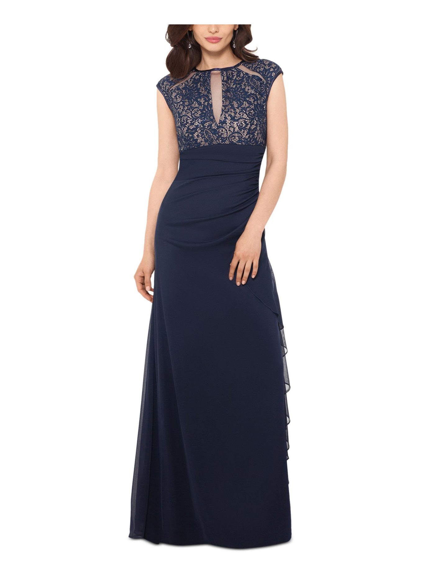 BETSY & ADAM Womens Navy Zippered Ruched Lace Lined Sheer Darted Cap Sleeve Crew Neck Full-Length Formal Gown Dress 12