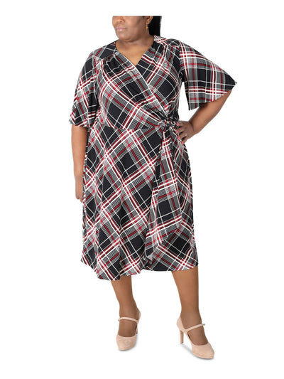 SIGNATURE BY ROBBIE BEE Womens Black Stretch Ruched D-ring Closure At Side Waist Plaid Flutter Sleeve Surplice Neckline Midi Wear To Work Faux Wrap Dress Plus 1X