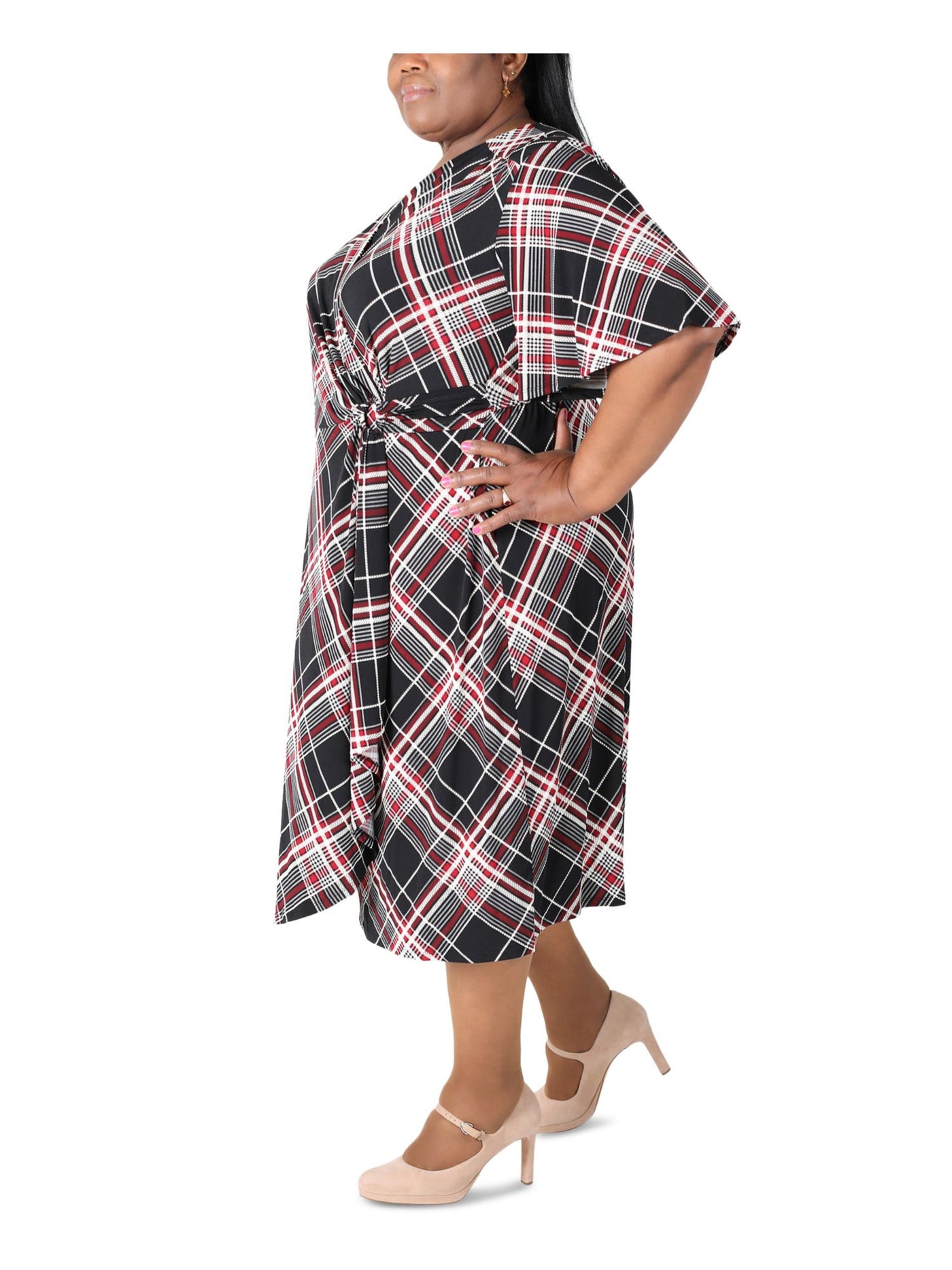 SIGNATURE BY ROBBIE BEE Womens Black Stretch Ruched D-ring Closure At Side Waist Plaid Flutter Sleeve Surplice Neckline Midi Wear To Work Faux Wrap Dress Plus 1X