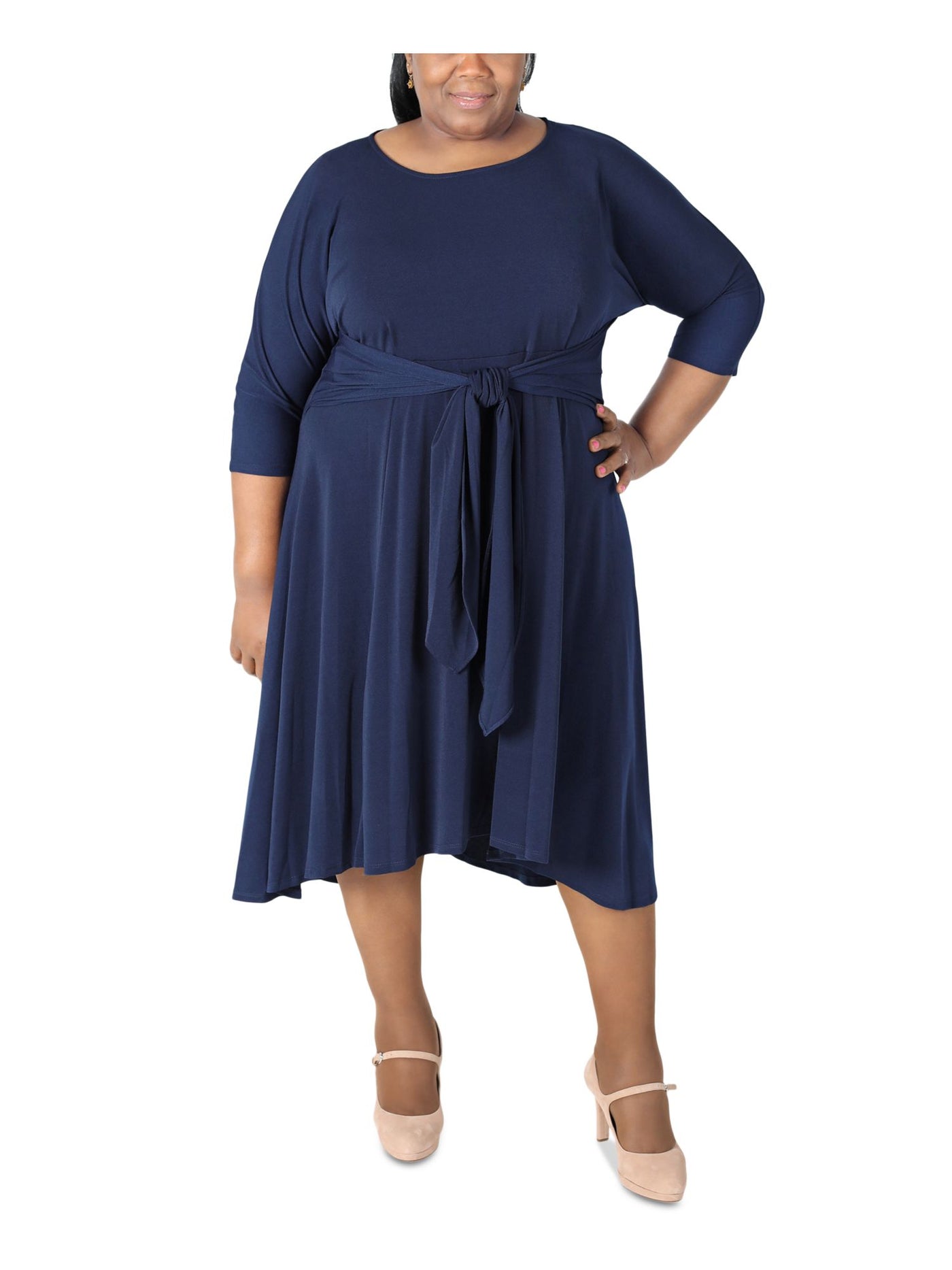 ROBBIE BEE Womens Navy Stretch 3/4 Sleeve Round Neck Midi Wear To Work Fit + Flare Dress Plus 1X