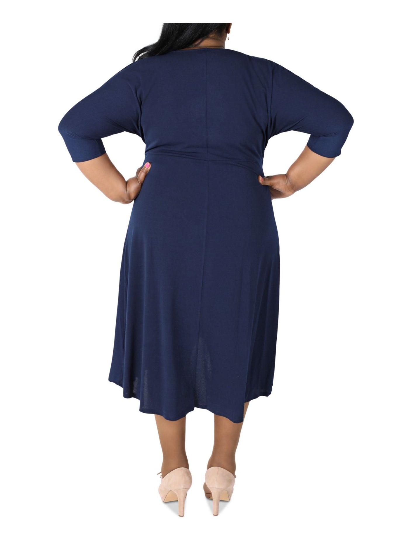 ROBBIE BEE Womens Navy Stretch 3/4 Sleeve Round Neck Midi Wear To Work Fit + Flare Dress Plus 1X