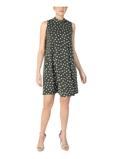 SIGNATURE BY ROBBIE BEE Womens Green Stretch Polka Dot Sleeveless Mock Neck Above The Knee Party Shift Dress Petites PSM