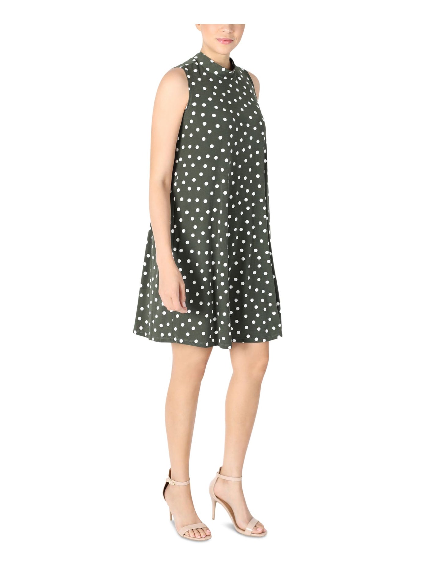 SIGNATURE BY ROBBIE BEE Womens Green Stretch Polka Dot Sleeveless Mock Neck Above The Knee Party Shift Dress Petites PSM