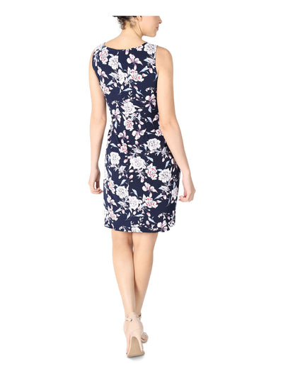 SIGNATURE BY ROBBIE BEE Womens Navy Stretch Tie Floral Sleeveless Round Neck Above The Knee Evening Wrap Dress Petites PS