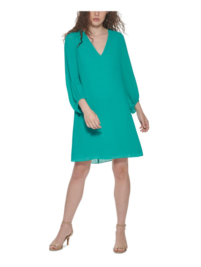 ELIZA J Womens Teal Stretch Zippered Shirred Chiffon Blouson Sleeve V Neck Above The Knee Party Shift Dress 2