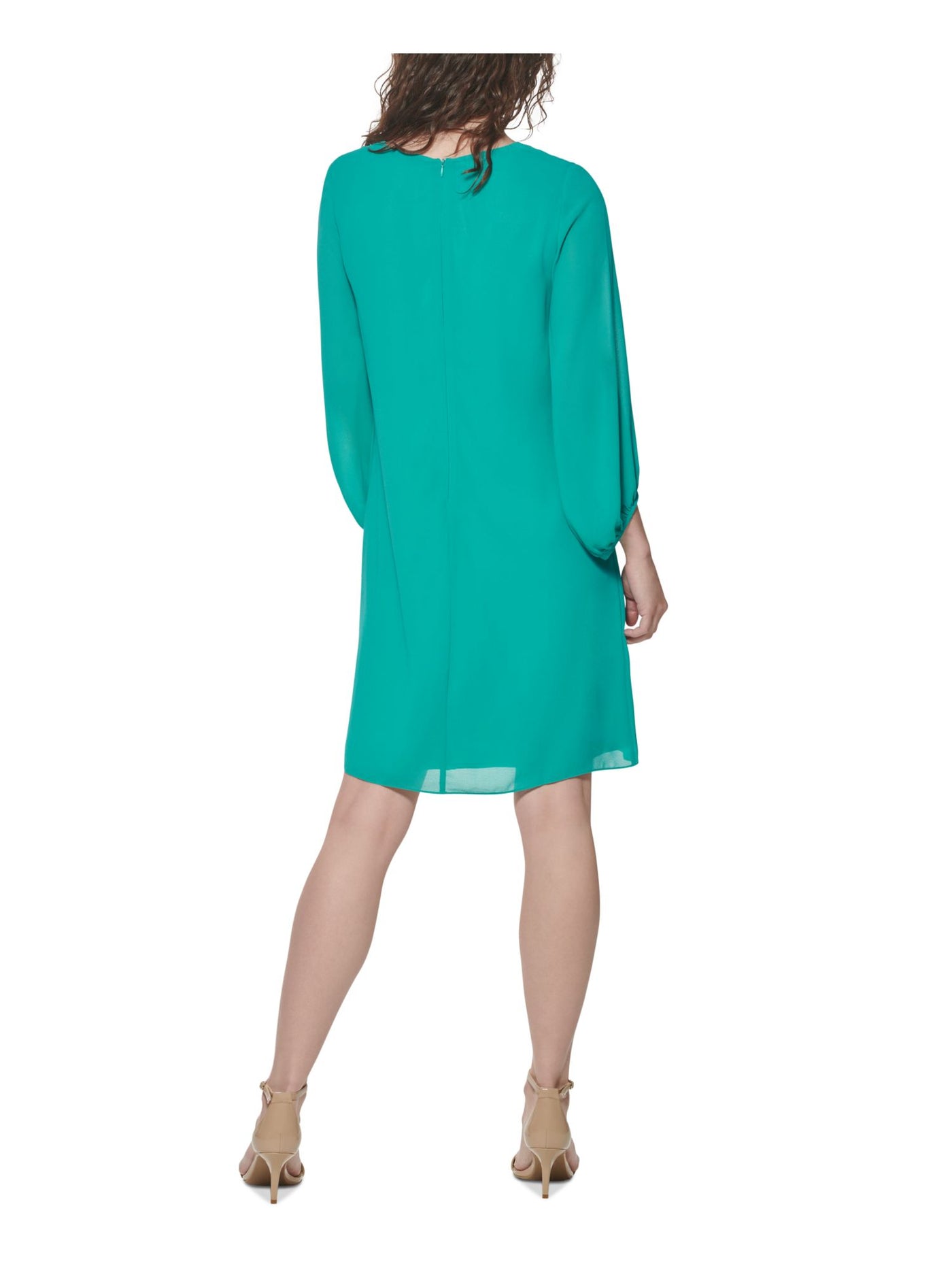 ELIZA J Womens Teal Stretch Zippered Shirred Chiffon Blouson Sleeve V Neck Above The Knee Party Shift Dress 2