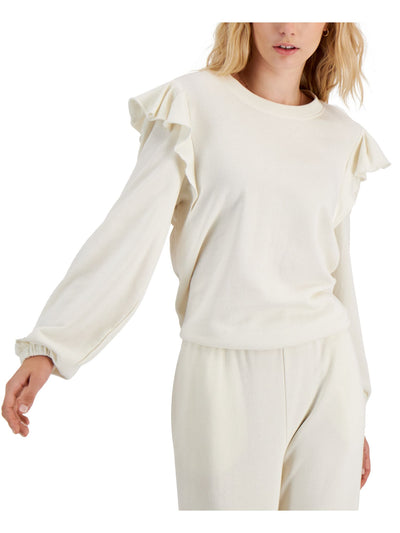 INC Womens White Ruffled Long Sleeve Crew Neck Sweater S