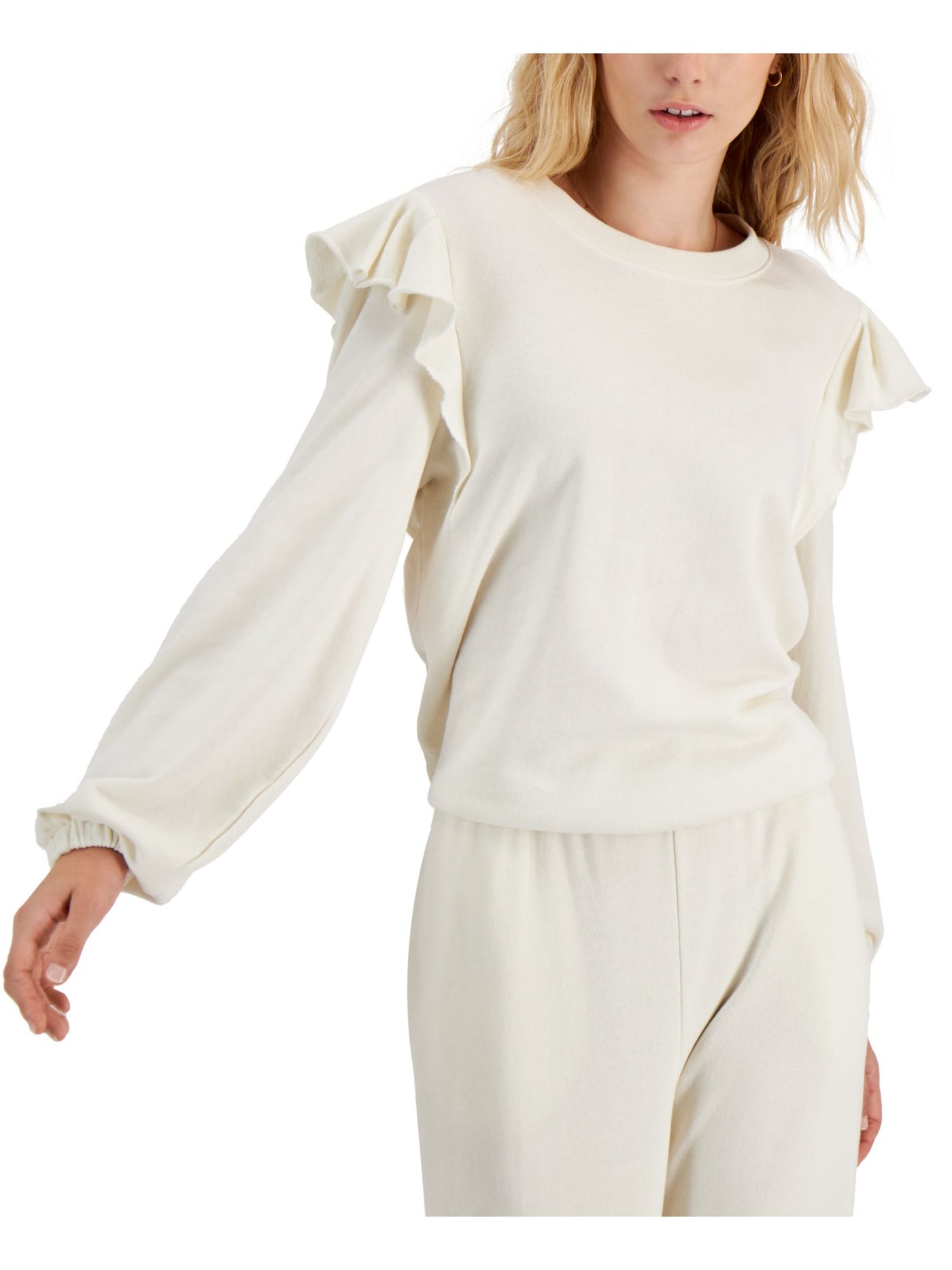 INC Womens Ivory Ruffled Long Sleeve Crew Neck Sweater L