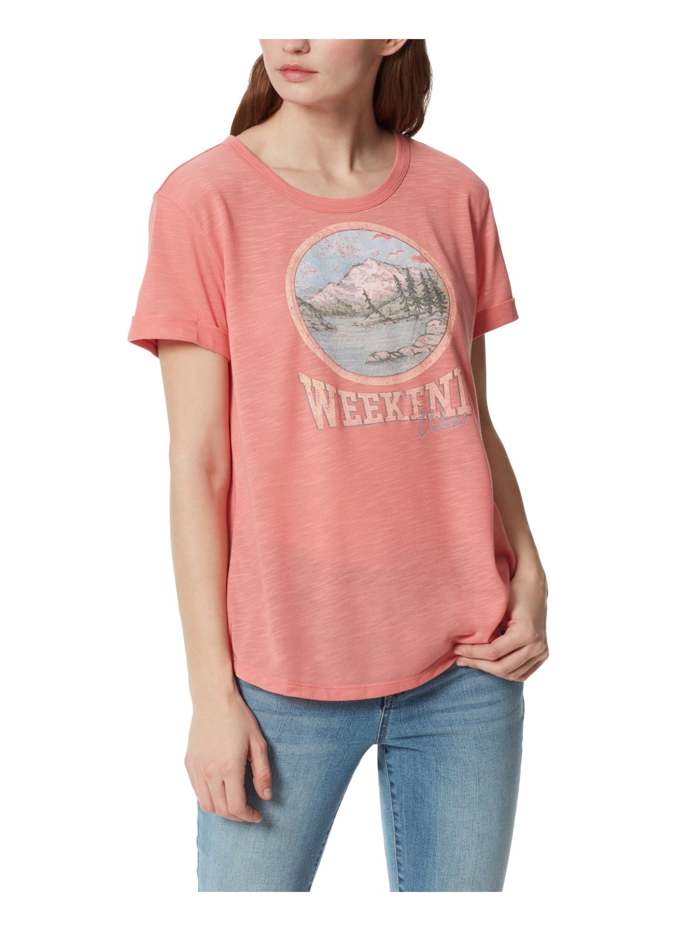 FRAYED JEANS Womens Coral Graphic Short Sleeve Crew Neck T-Shirt S