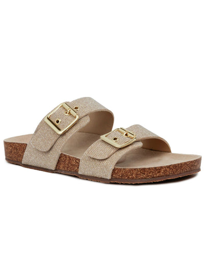 JONES NY Womens Gold Double Band Cork-Like Jute Buckle Accent Arch Support Weslee Round Toe Platform Slip On Slide Sandals 7 M