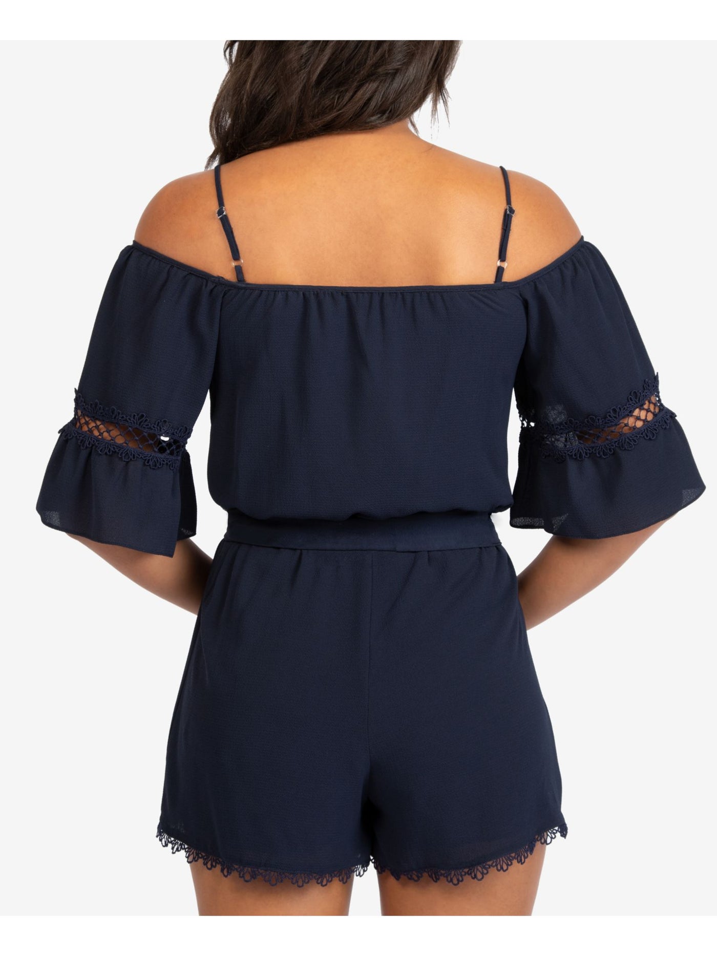 B DARLIN Womens Navy Lace Belted Pocketed Elbow Sleeve Off Shoulder Wide Leg Romper 5\6