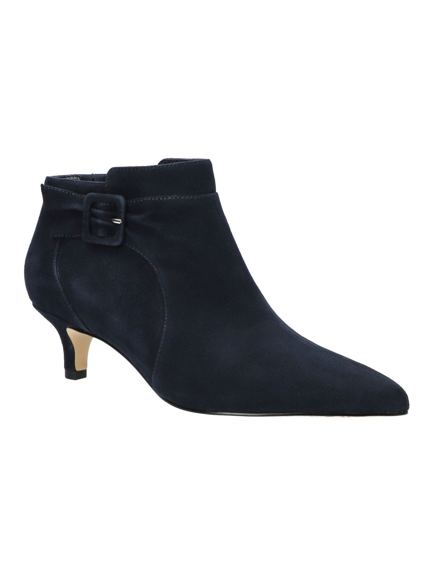 BELLA VITA Womens Navy Padded Buckle Accent Goring Bindi Pointed Toe Kitten Heel Zip-Up Leather Booties 7.5 M