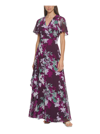 CALVIN KLEIN Womens Purple Zippered Pleated Chiffon Lined Floral Flutter Sleeve Surplice Neckline Full-Length Formal Gown Dress 2