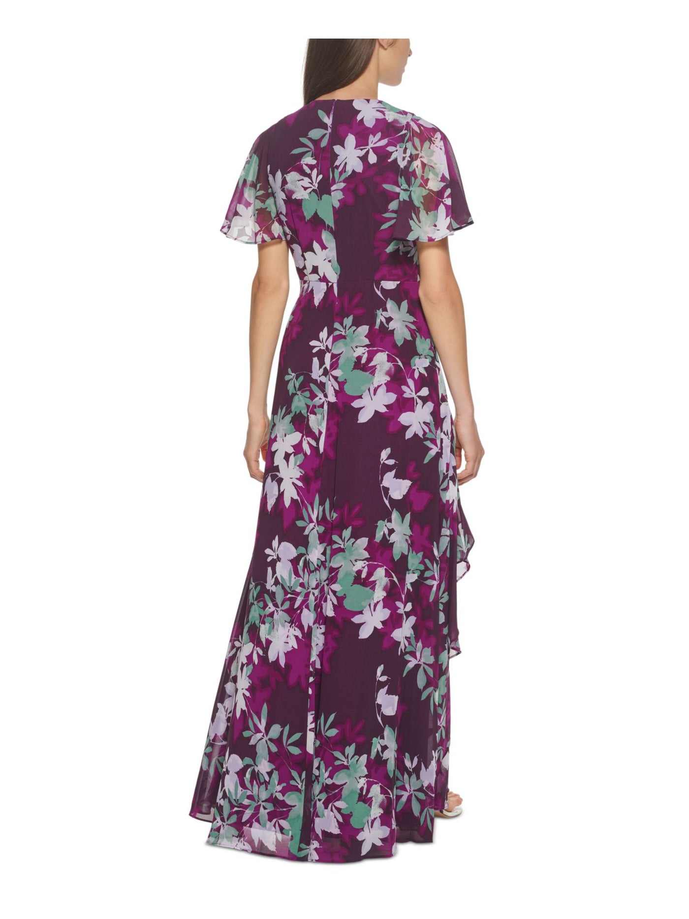 CALVIN KLEIN Womens Purple Zippered Pleated Chiffon Lined Floral Flutter Sleeve Surplice Neckline Full-Length Formal Gown Dress 4