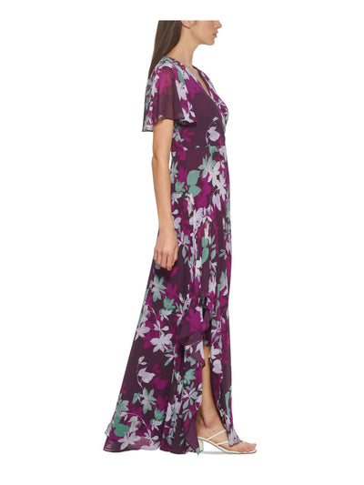 CALVIN KLEIN Womens Purple Zippered Pleated Chiffon Lined Floral Flutter Sleeve Surplice Neckline Full-Length Formal Gown Dress 2