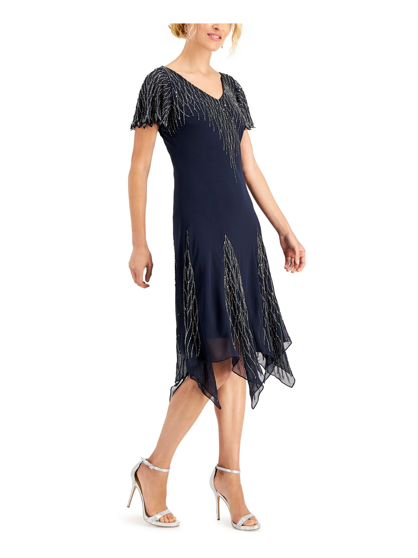 JKARA Womens Beaded Handkerchief Hem Lined Short Sleeve V Neck Knee Length Cocktail Shift Dress