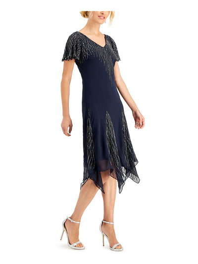 JKARA Womens Navy Beaded Handkerchief Hem Lined Short Sleeve V Neck Knee Length Cocktail Shift Dress 12