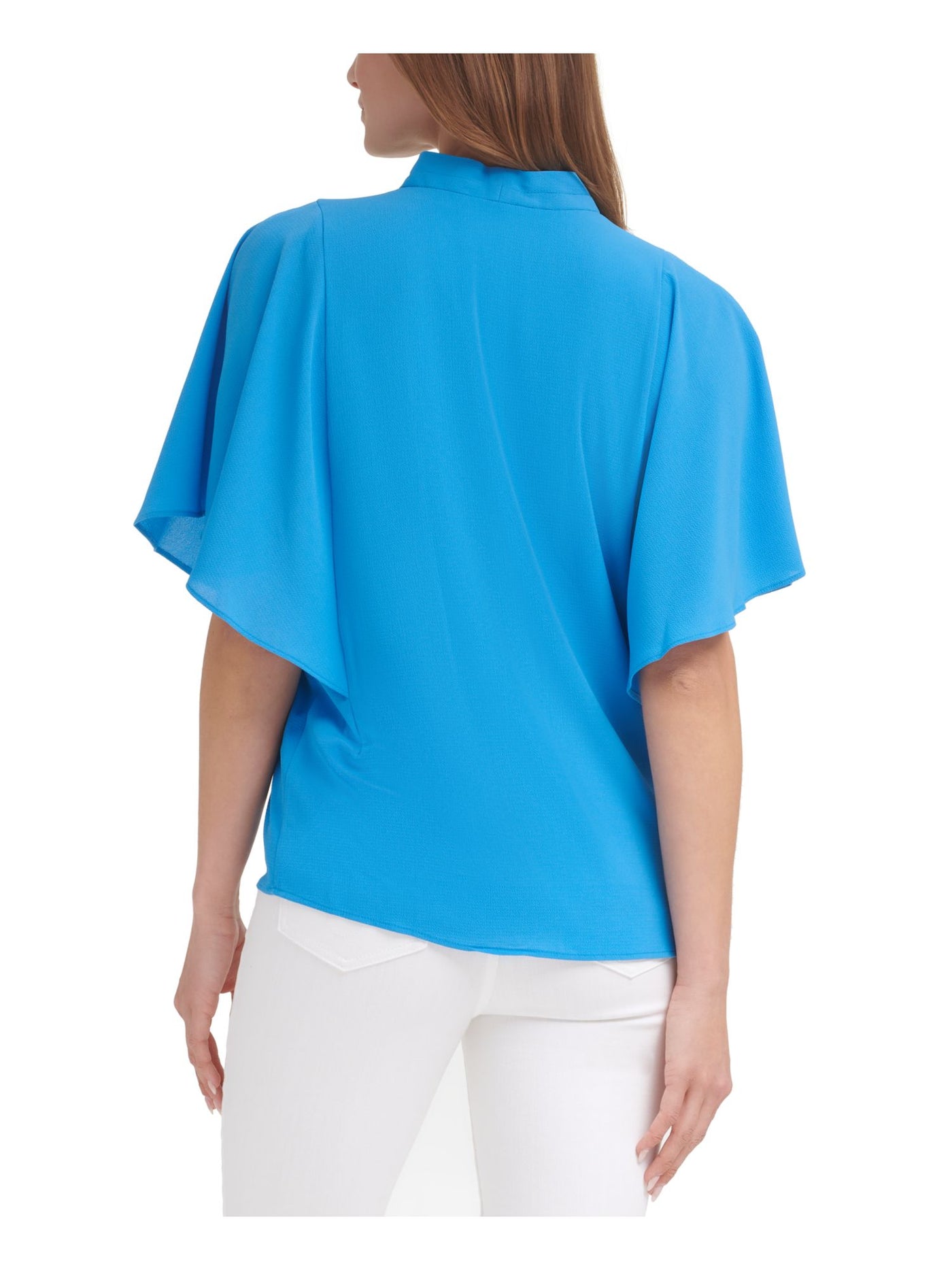 CALVIN KLEIN Womens Blue Stretch Pleated Draped V-neck Flutter Sleeve Wear To Work Top S