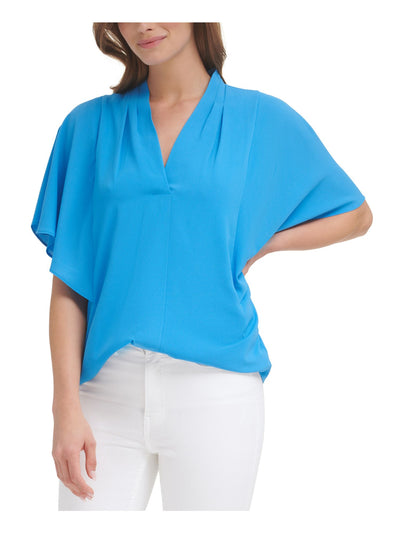 CALVIN KLEIN Womens Blue Stretch Pleated Draped V-neck Flutter Sleeve Wear To Work Top S