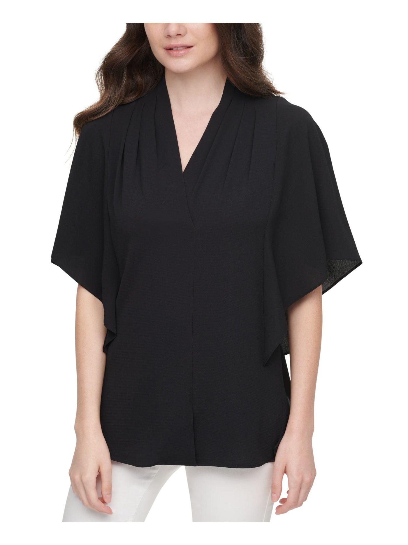 CALVIN KLEIN Womens Stretch Pleated Draped V-neck Flutter Sleeve Wear To Work Top