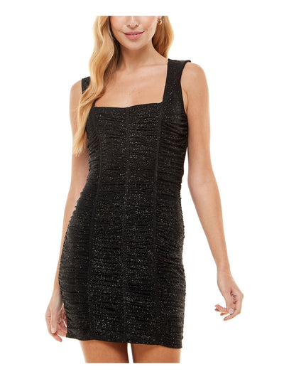 CRYSTAL DOLLS Womens Black Stretch Ruched Glitter Mesh Lined Pullover Sleeveless Square Neck Mini Cocktail Body Con Dress L