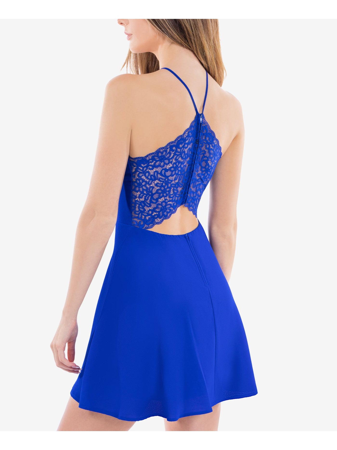 B DARLIN Womens Blue Stretch Zippered Textured Lace-back Sleeveless Halter Short Party A-Line Dress 7