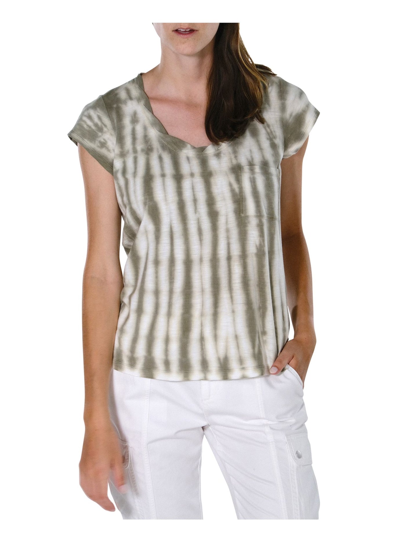 SANCTUARY Womens Green Stretch Pocketed Slitted Tie Dye Cap Sleeve Scoop Neck T-Shirt XXS