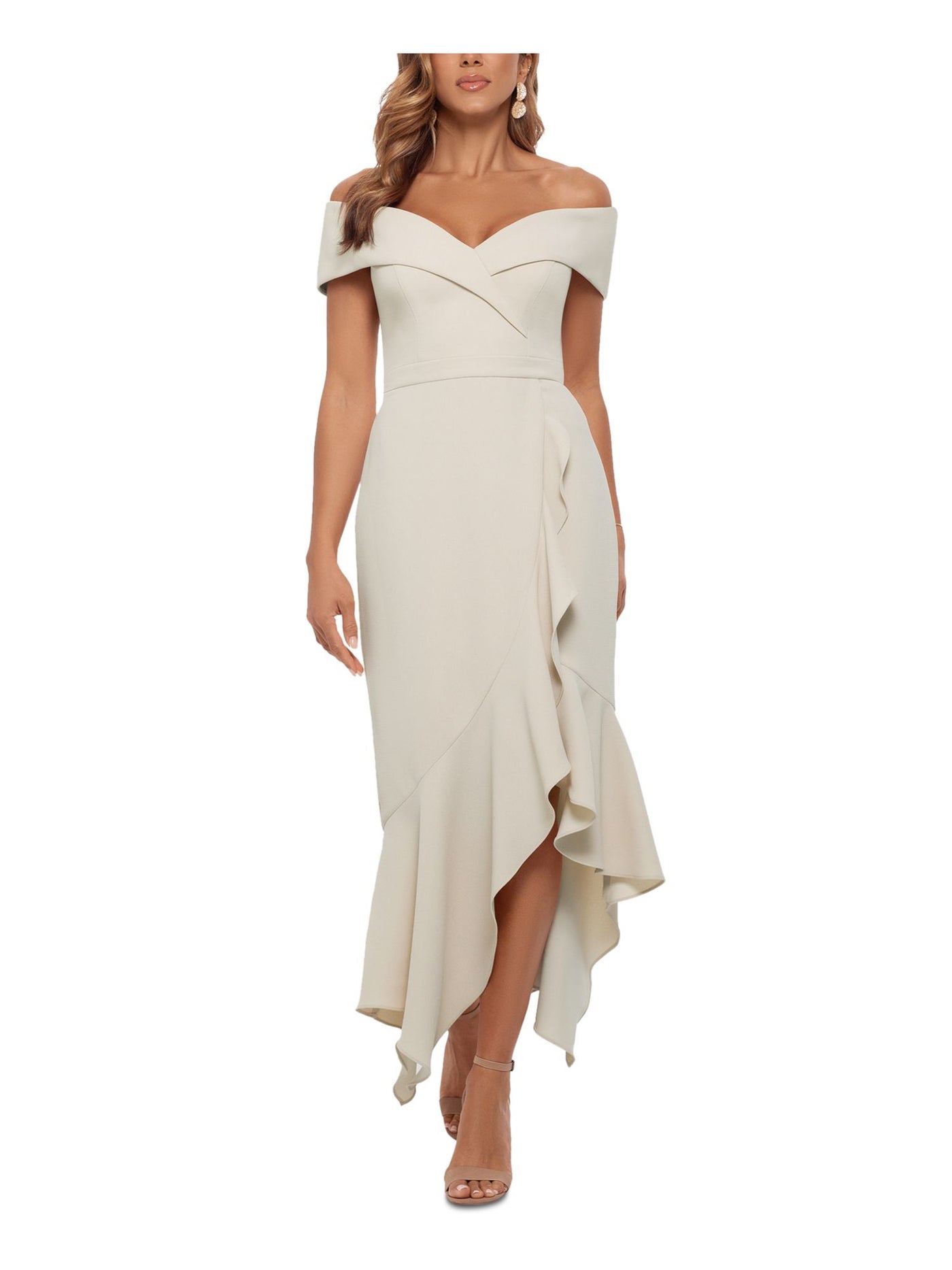 XSCAPE Womens Beige Stretch Zippered Ruffled Asymmetrical Hi-lo Hem Short Sleeve Off Shoulder Maxi Formal Fit + Flare Dress 4