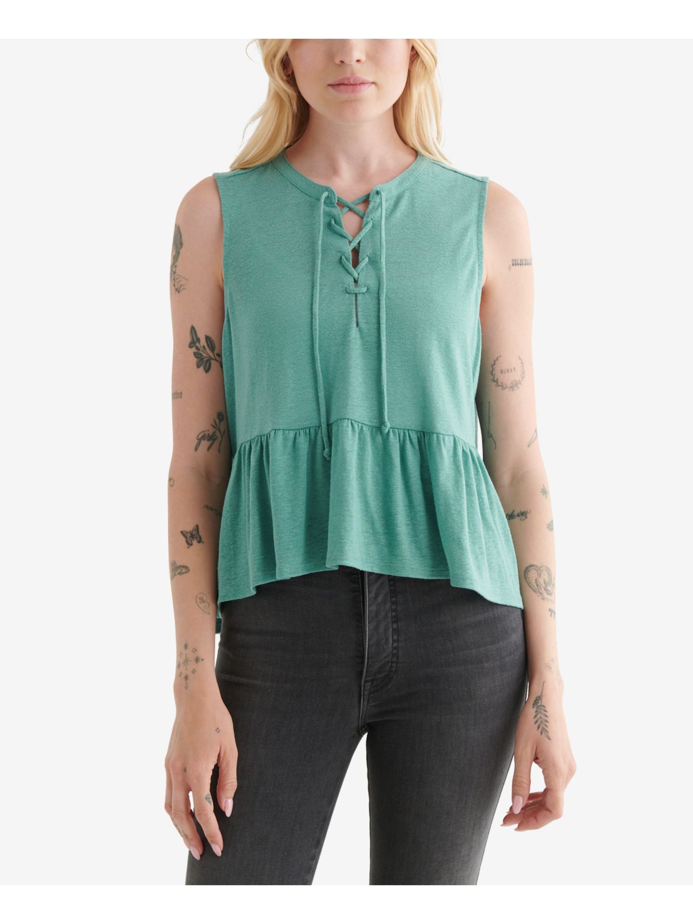 LUCKY BRAND Womens Green Stretch Sleeveless Peplum Top S