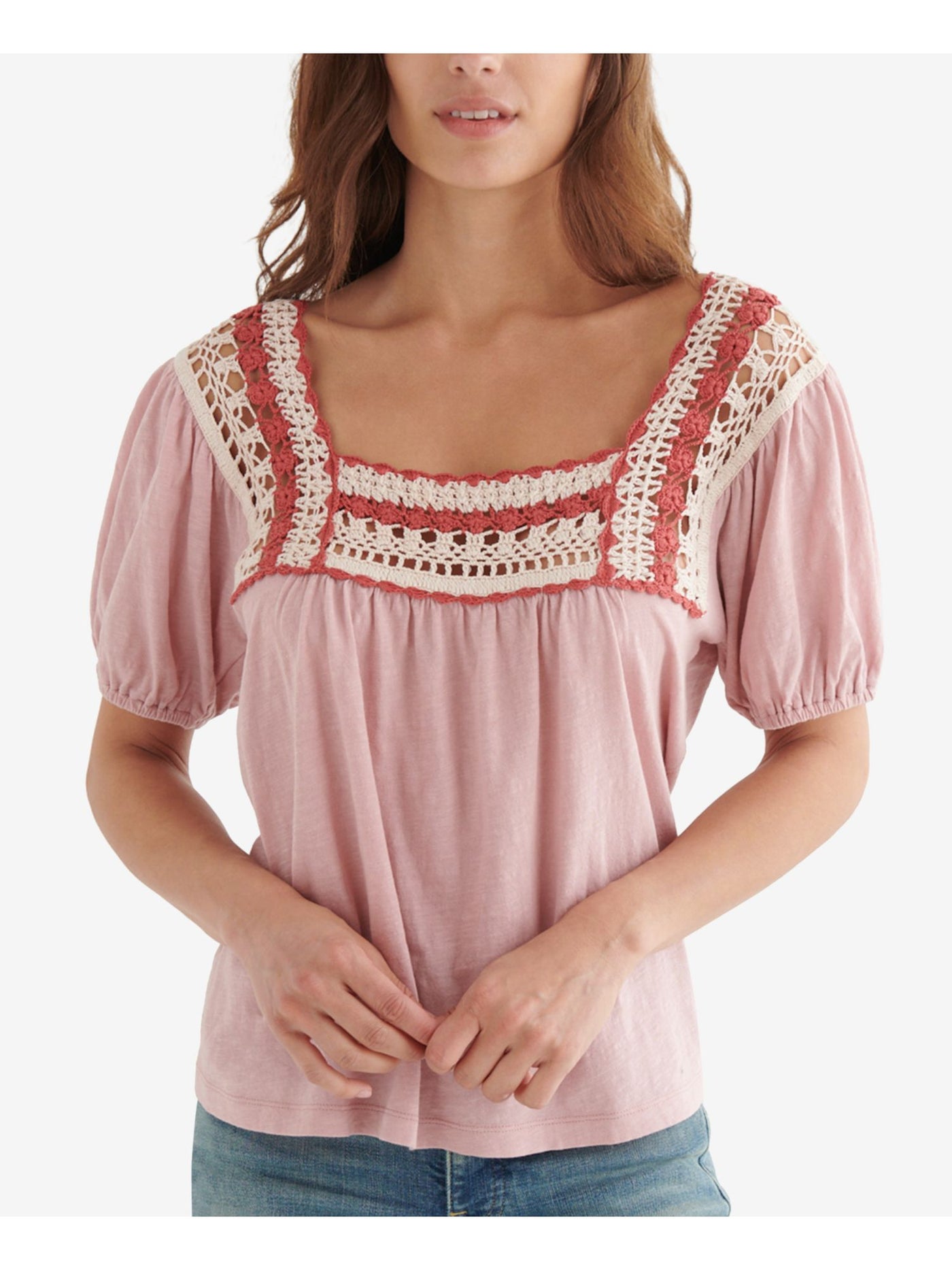 LUCKY BRAND Womens Pink Short Sleeve Square Neck Top XS