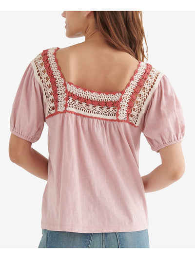 LUCKY BRAND Womens Crochet Short Sleeve Square Neck Top