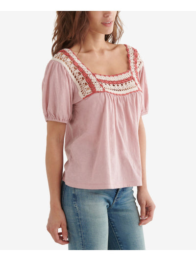 LUCKY BRAND Womens Crochet Short Sleeve Square Neck Top