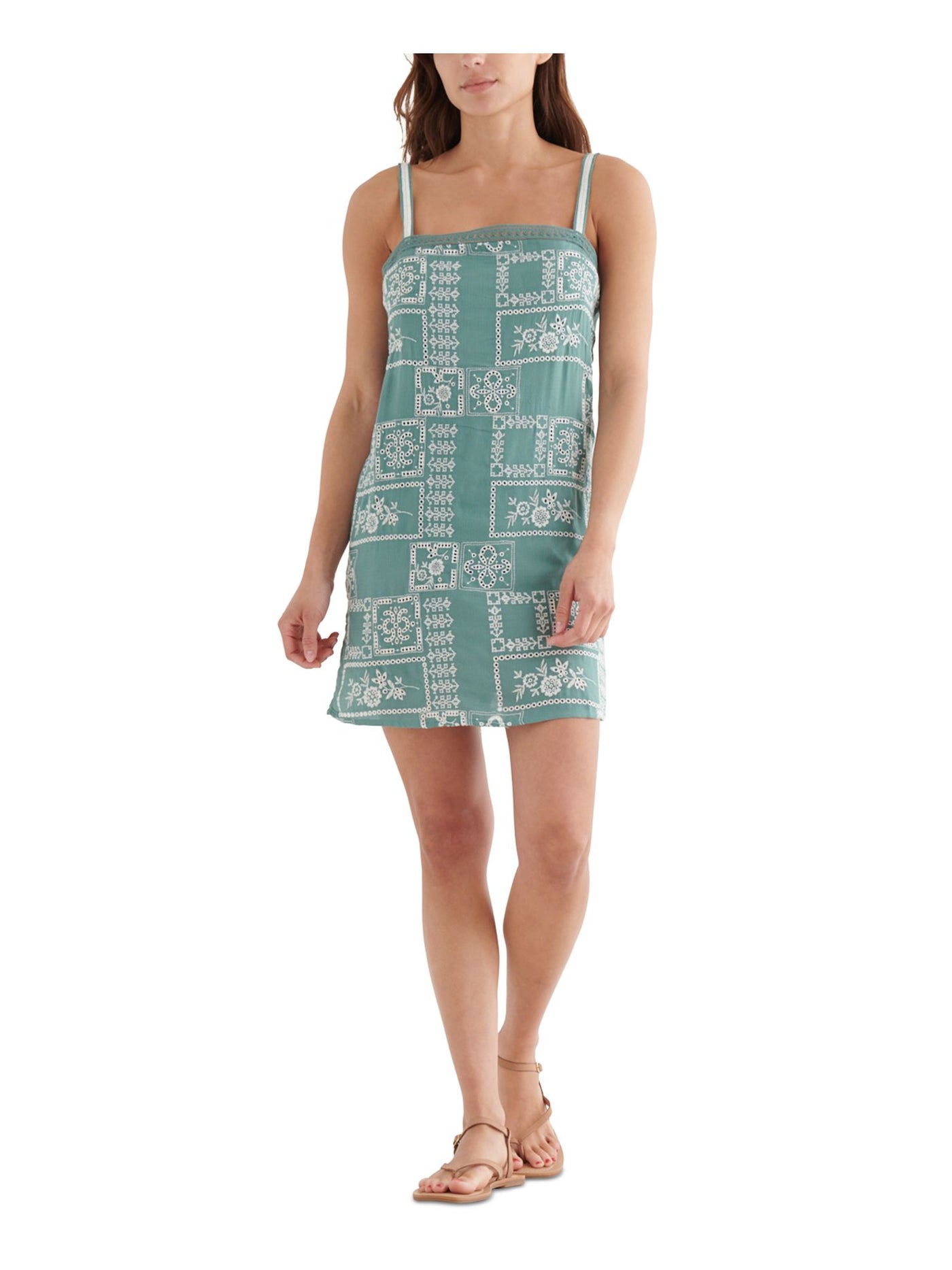 LUCKY BRAND Womens Embroidered Sleeveless Square Neck Short Shift Dress