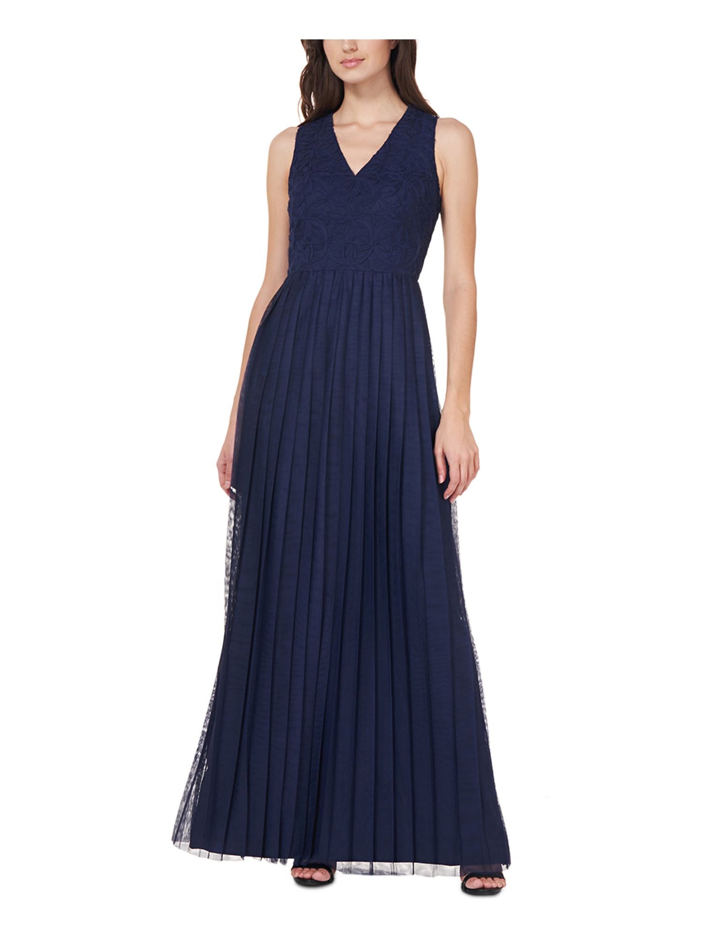 JS COLLECTIONS Womens Navy Zippered Pleated Sheer Lined Embellished Sleeveless V Neck Full-Length Formal Gown Dress 16