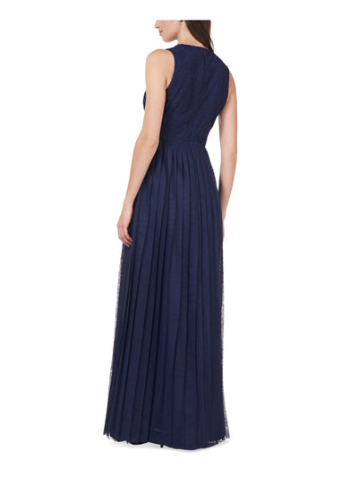 JS COLLECTIONS Womens Navy Zippered Pleated Sheer Lined Embellished Sleeveless V Neck Full-Length Formal Gown Dress 16