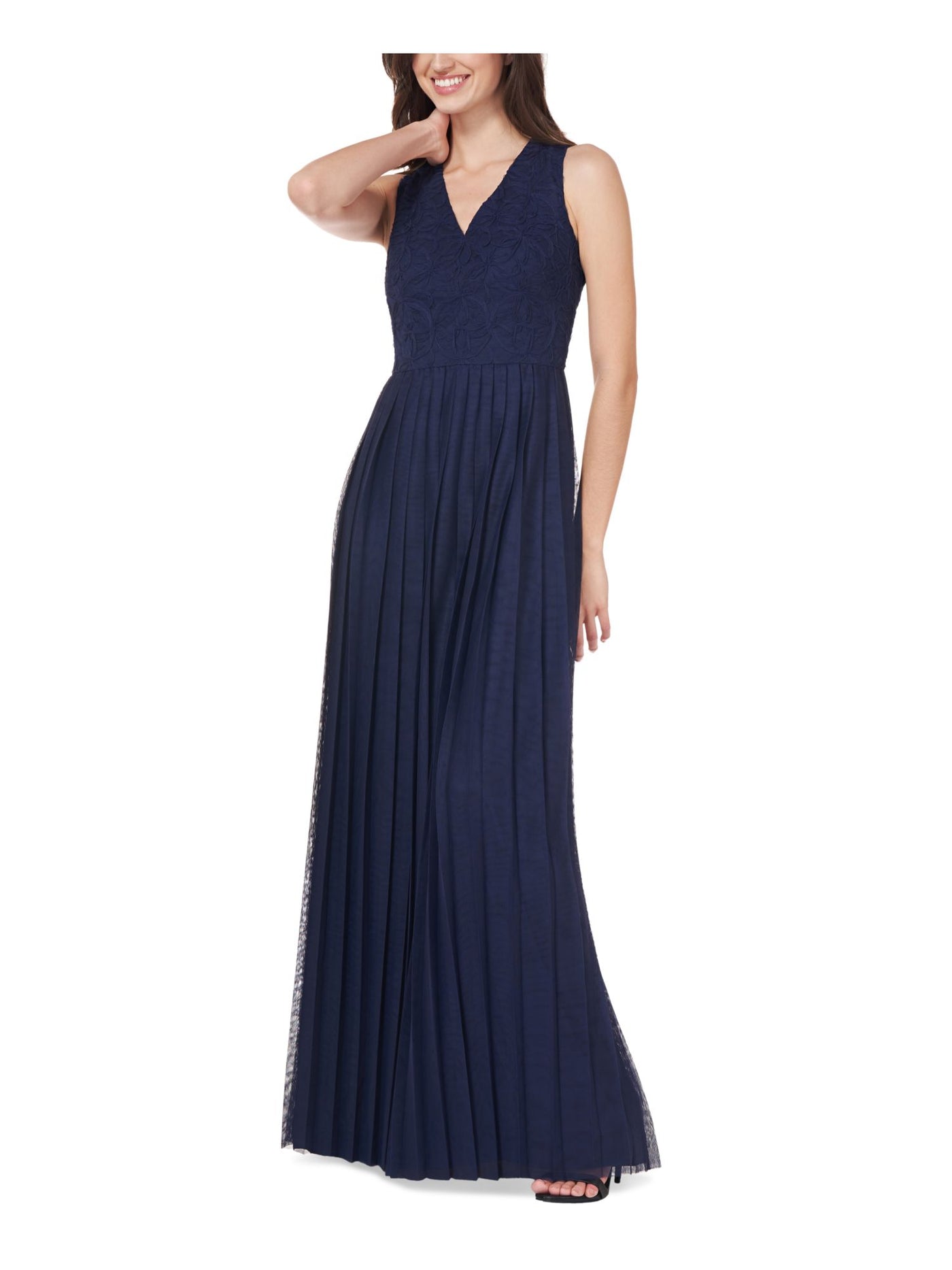 JS COLLECTIONS Womens Navy Zippered Pleated Sheer Lined Embellished Sleeveless V Neck Full-Length Formal Gown Dress 16