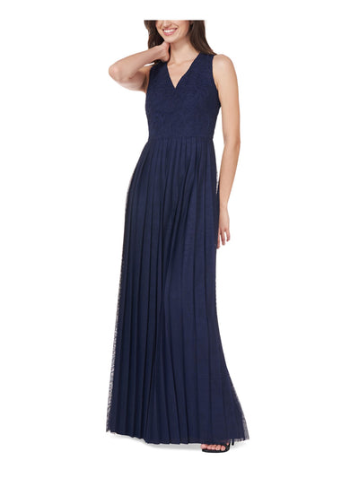 JS COLLECTIONS Womens Navy Zippered Pleated Sheer Lined Embellished Sleeveless V Neck Full-Length Formal Gown Dress 16