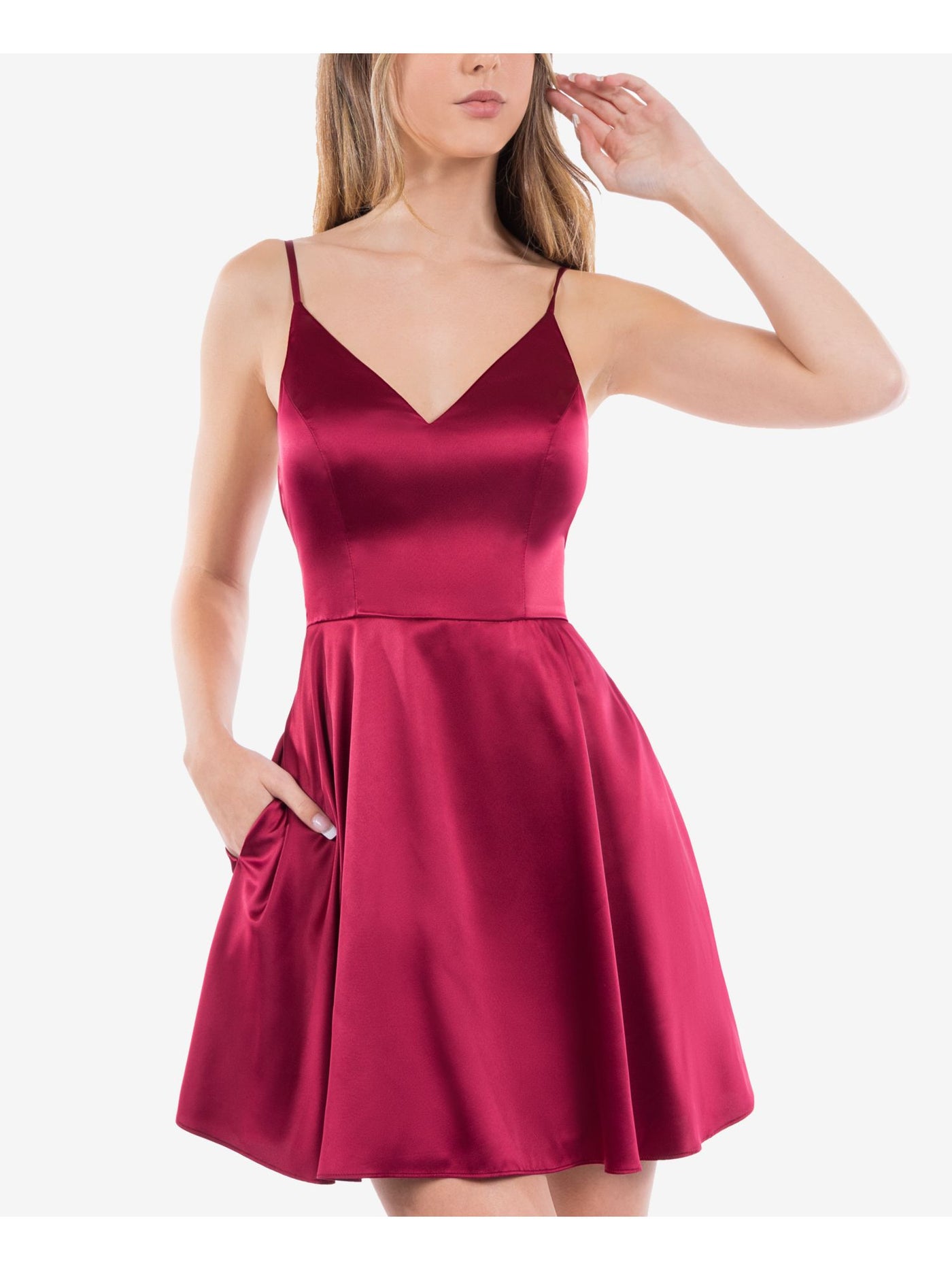 B DARLIN Womens Maroon Zippered Adjustable Padded Cups Pocketed Lined Spaghetti Strap V Neck Short Party Fit + Flare Dress 11\12